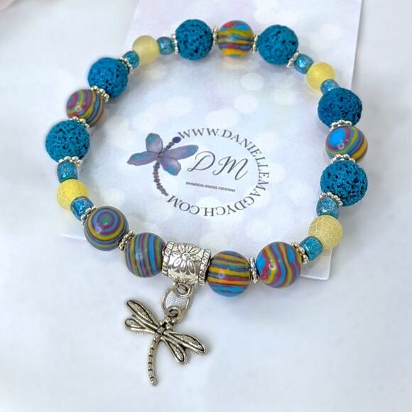 Dragonfly Bracelet Artisan Picasso Jasper Gemstones Diffuser Lava Rock Beads NEW - Picture 11 of 12